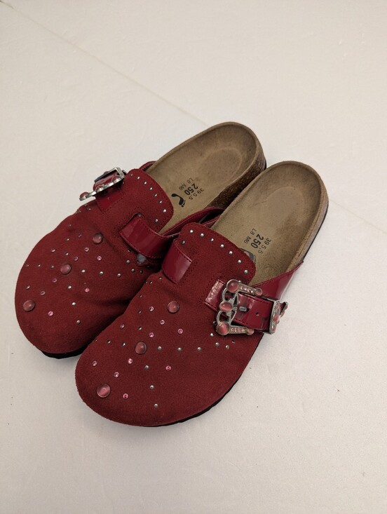 Betula By Birkenstock Shoes - Red Studded Suede Birkenstock Betula Slip-On Clog with Buckle
